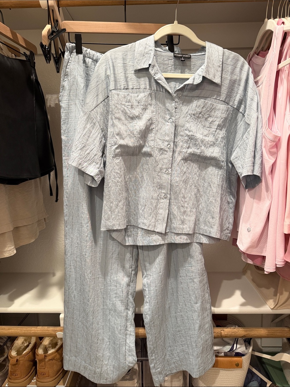 Modern Works Relaxed Light Blue Button-Front Top & Wide-Leg Pants Set
